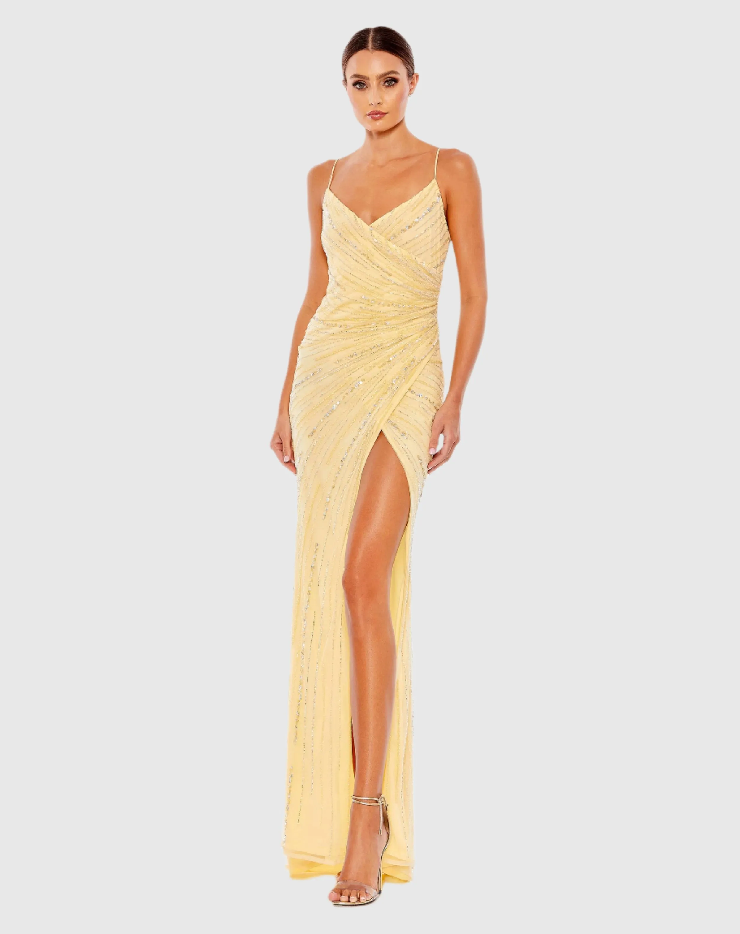 Beaded Sleeveless Faux Wrap Gown