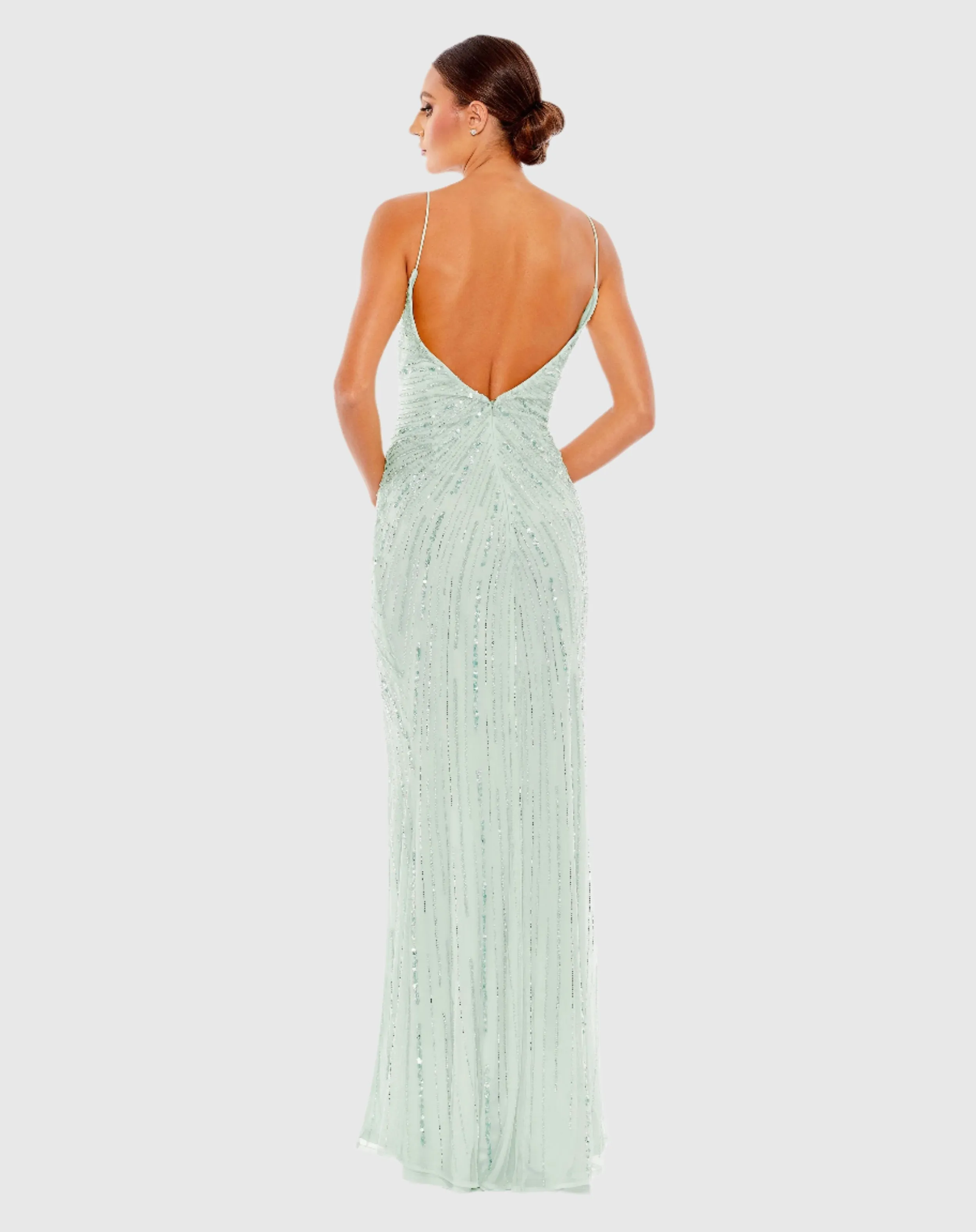 Beaded Sleeveless Faux Wrap Gown