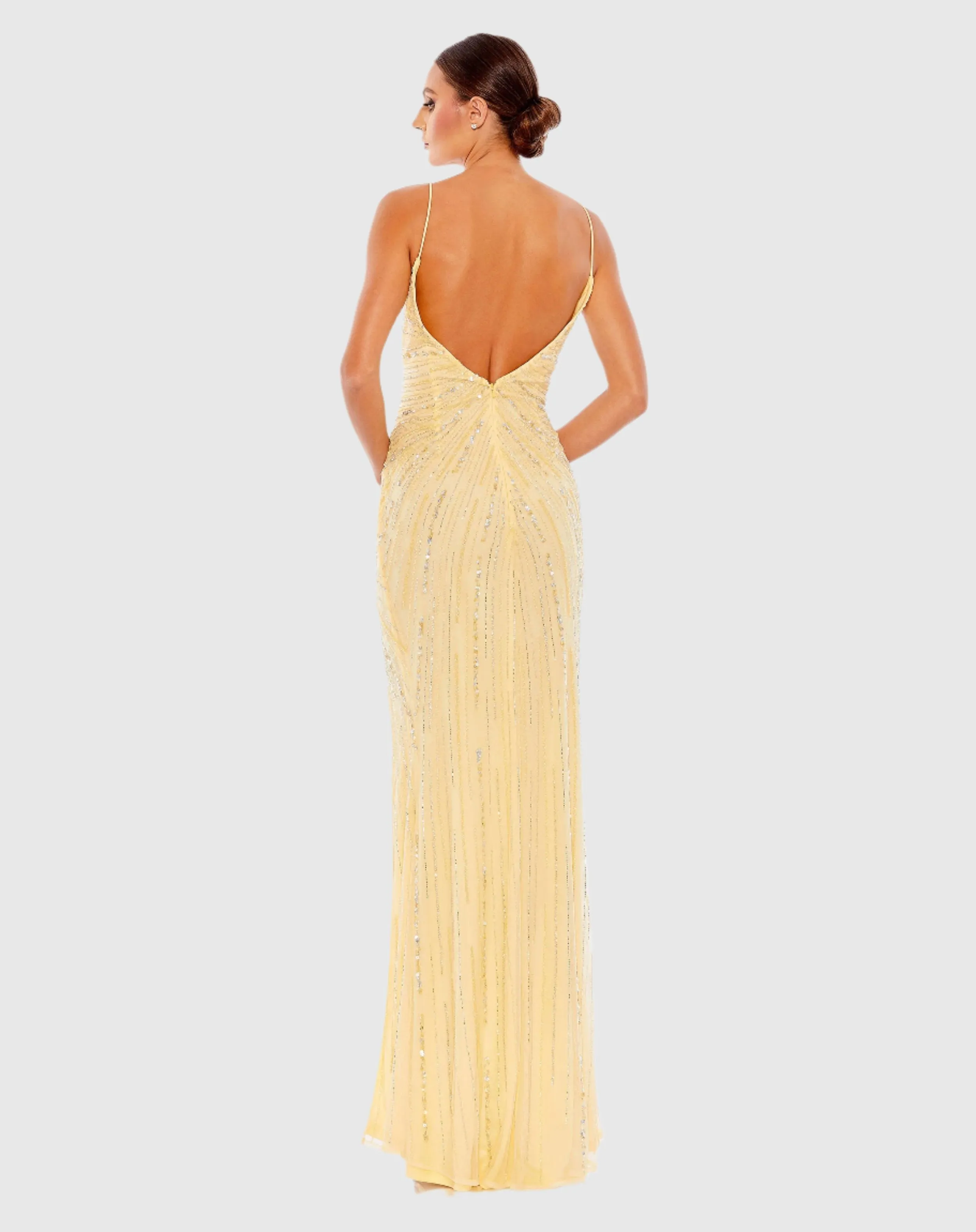 Beaded Sleeveless Faux Wrap Gown