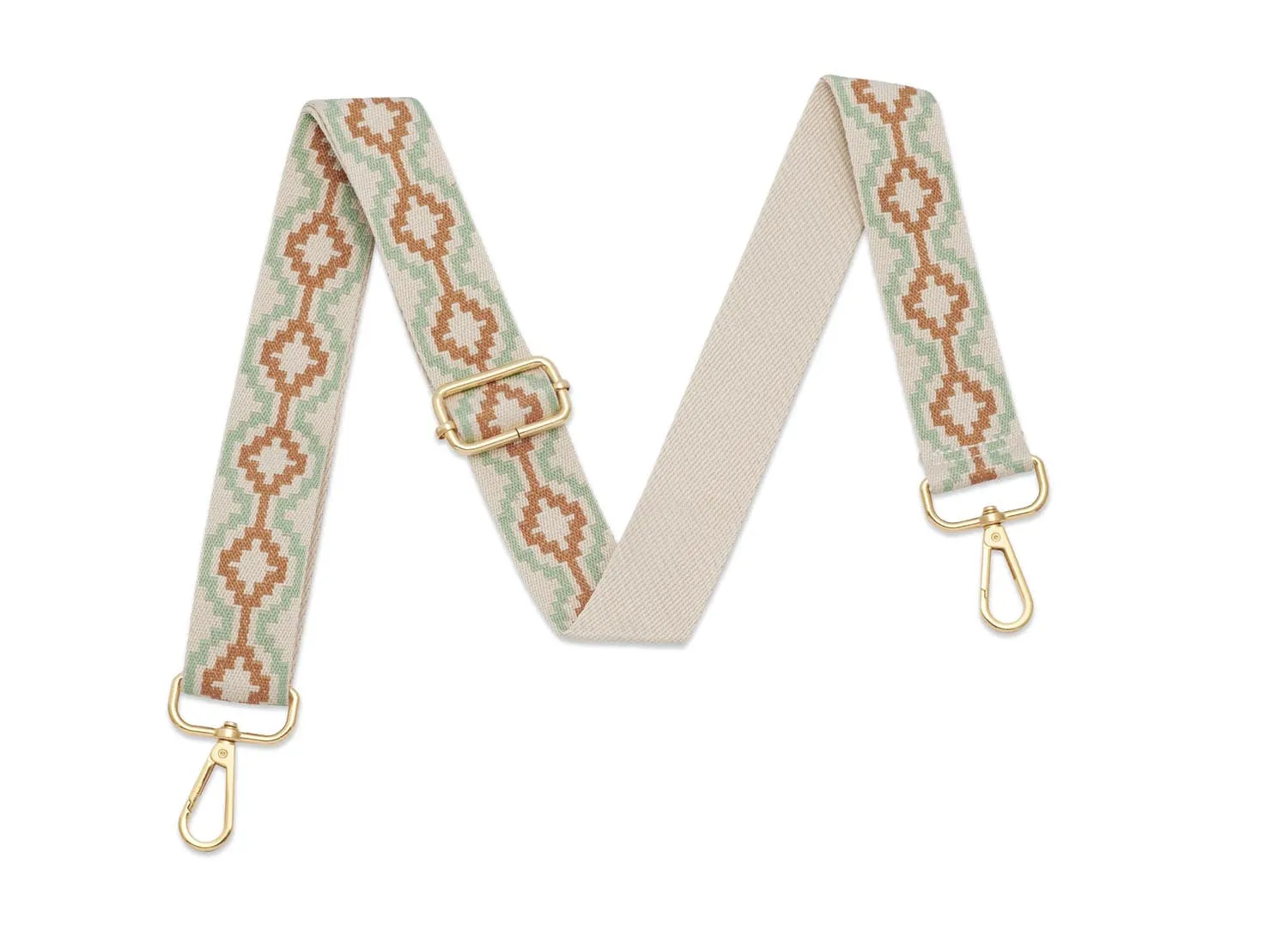 Crossbody Strap - Geo Print Strap in Tan and Green (Gold Hardware)