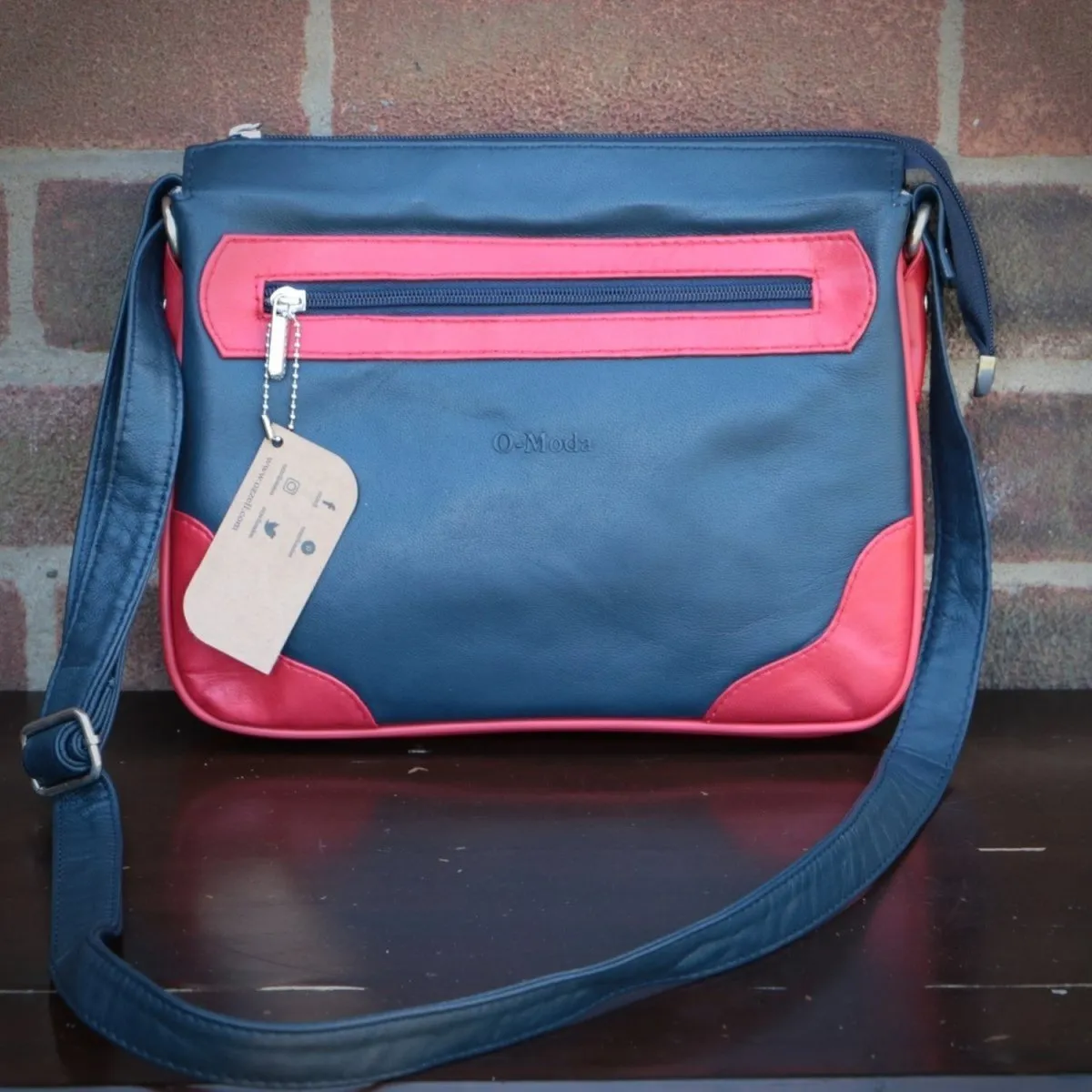 Dublin Unisex Cross Body Bag - Soft Leather Navy Blue / Red Bag