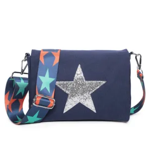 Glitter Star Crossbody Canvas Bag With Strap - Midnight Blue