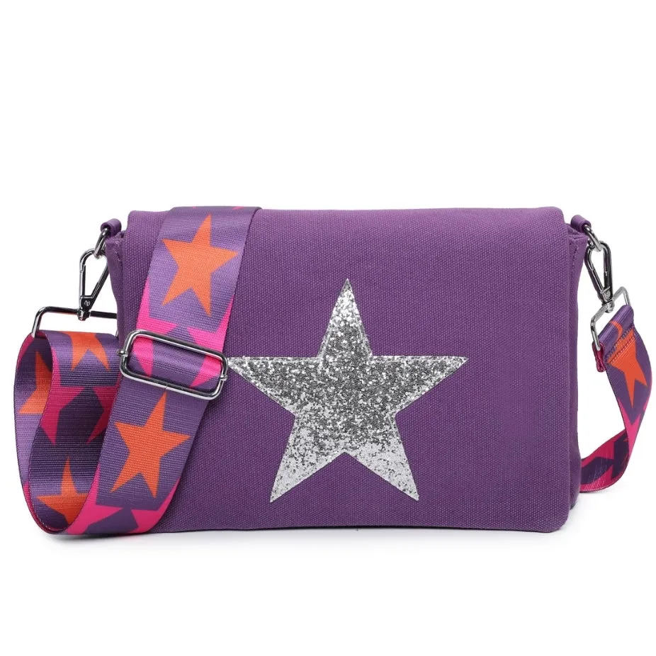 Glitter Star Crossbody Canvas Bag With Strap - Purple