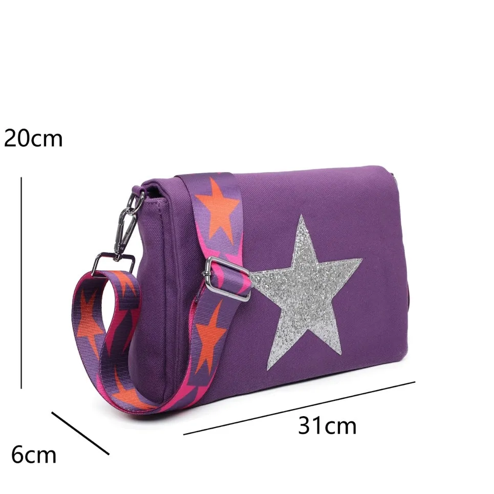 Glitter Star Crossbody Canvas Bag With Strap - Purple