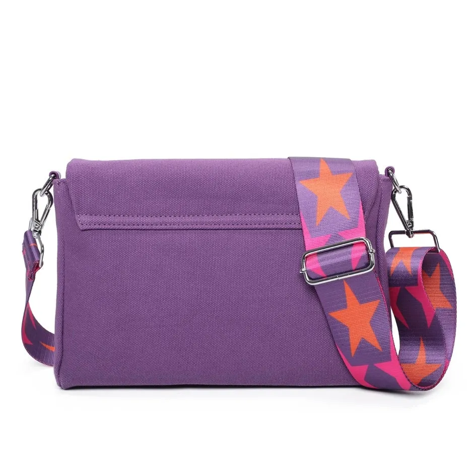 Glitter Star Crossbody Canvas Bag With Strap - Purple