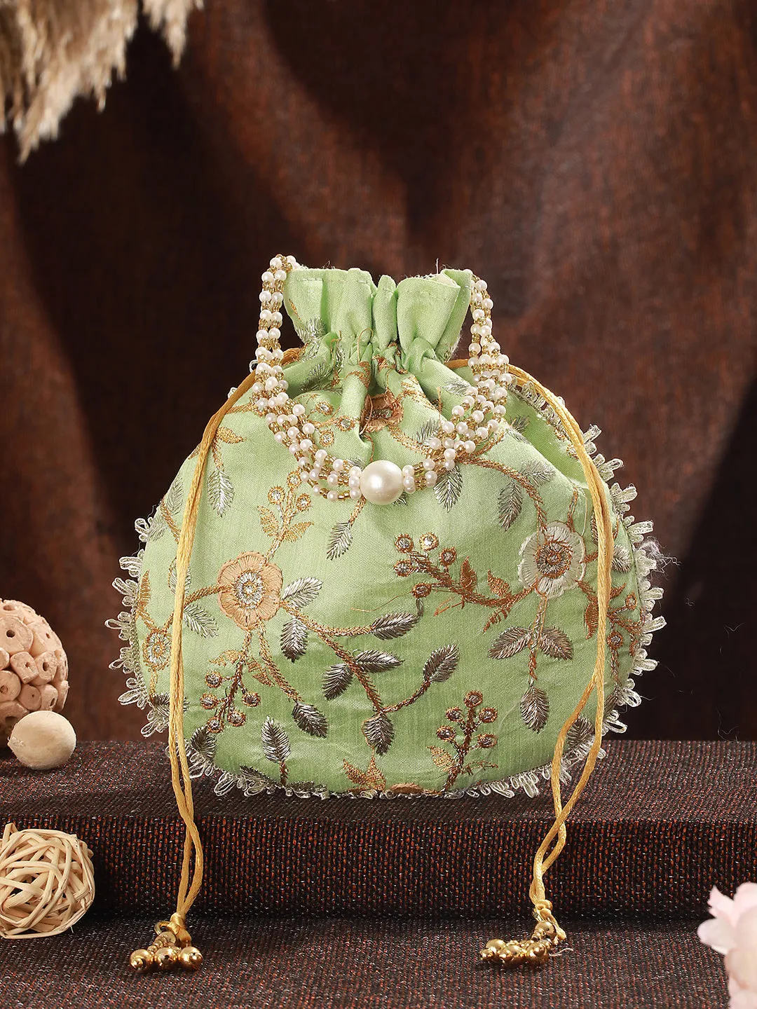 Green & Gold-Toned With Rich Embroidered Potli Clutch