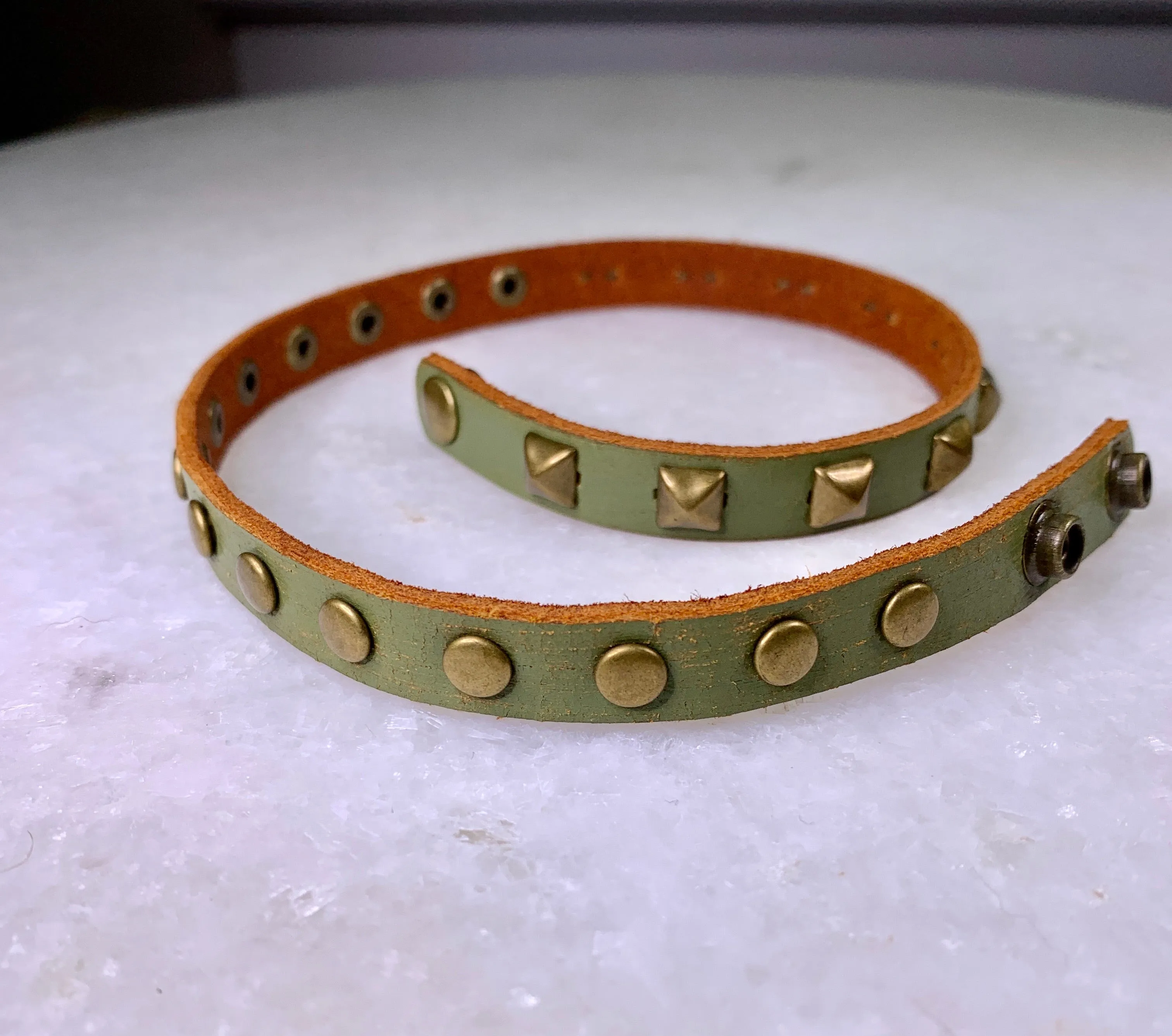 Green Leather Stud Wrap Bracelet