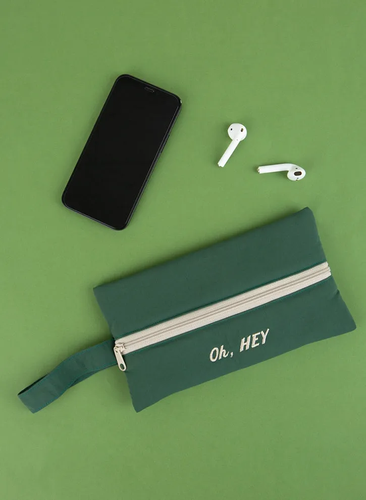 Green Oh Hey Typo Embroidery Airy Strap Pouches Slim Pencil Cases Ultra Light Stationery School Office Cosmetics Bags Gifts Bags Purses Students Cute Teens Girls