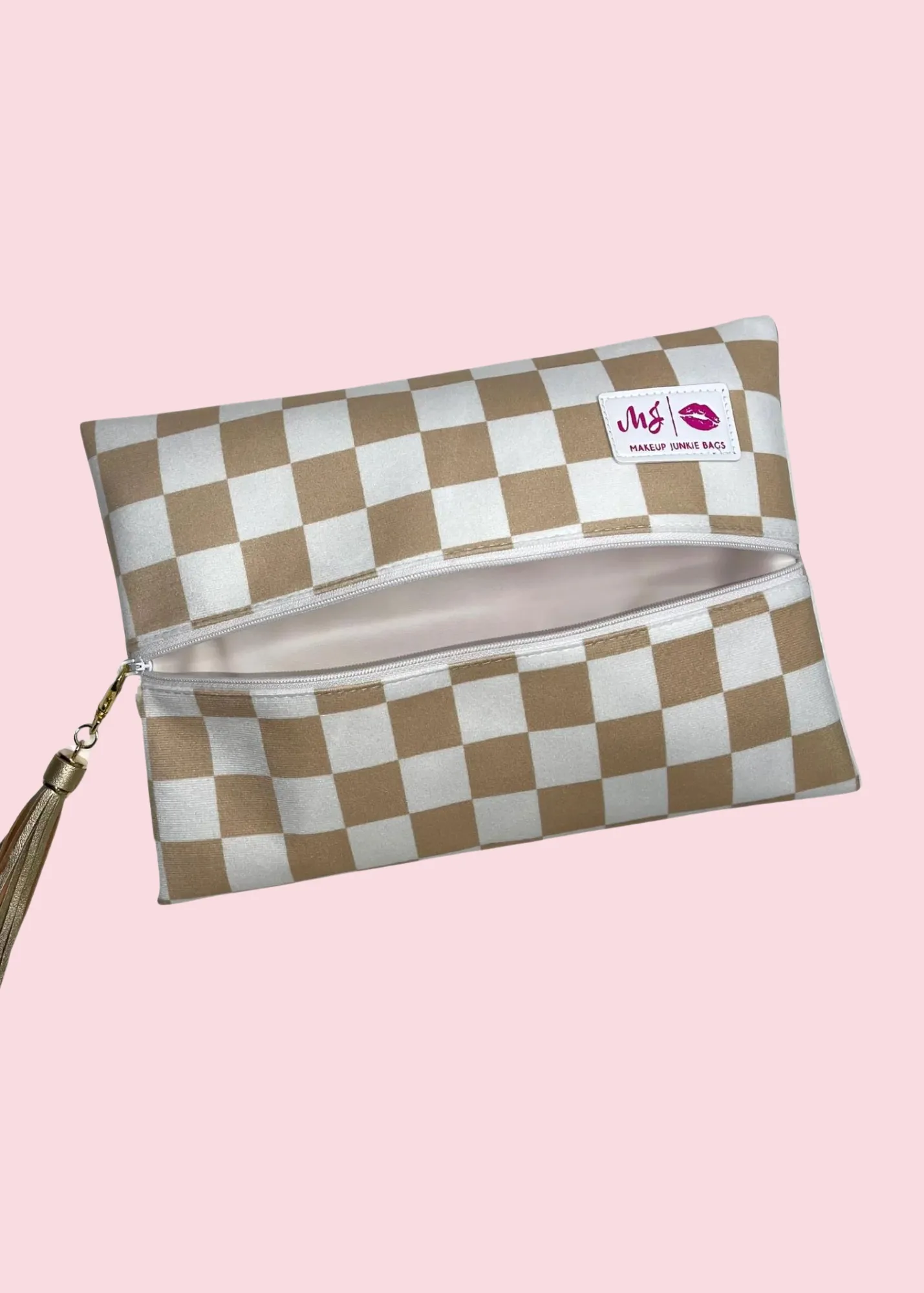 Makeup Junkie Bags - Khaki Checker Flat Lay [Pre-Order]