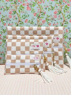 Makeup Junkie Bags - Khaki Checkered Flat Lay [Ready to Ship]