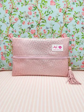 Soft Baby Pink Ostrich Makeup Junkie Bag - Ready to Ship Flatlay