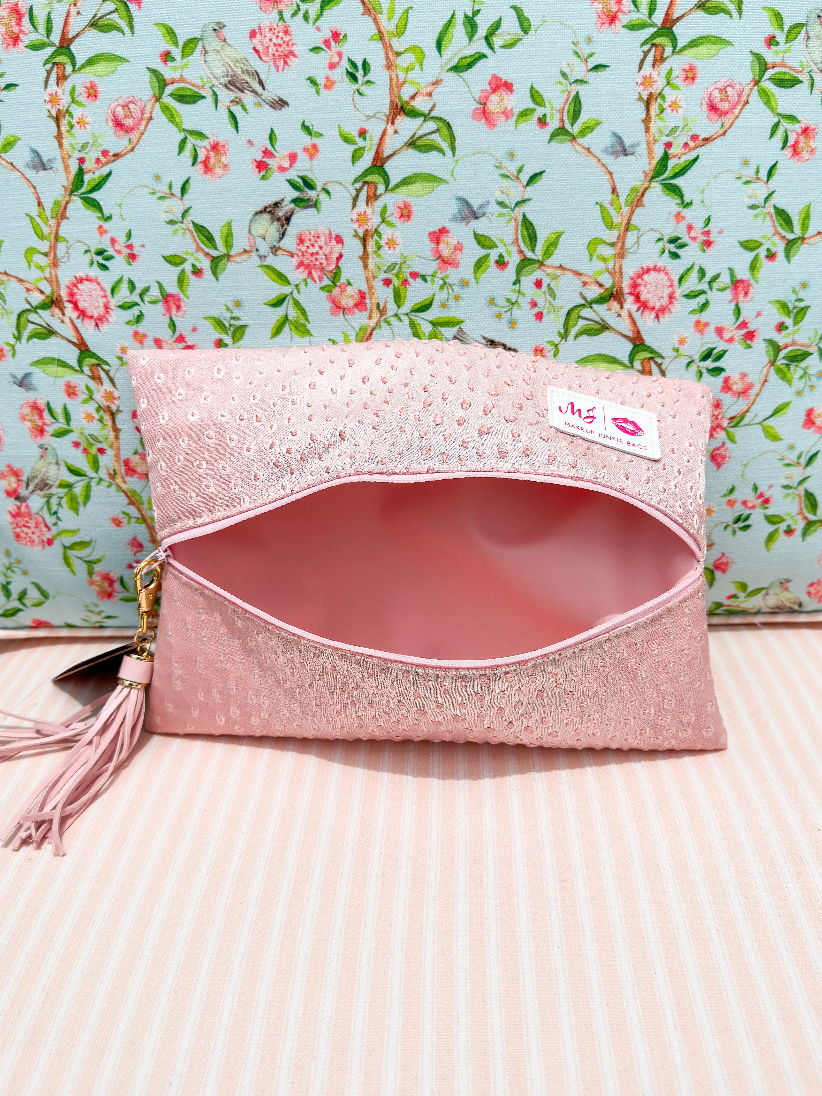 Soft Baby Pink Ostrich Makeup Junkie Bag - Ready to Ship Flatlay