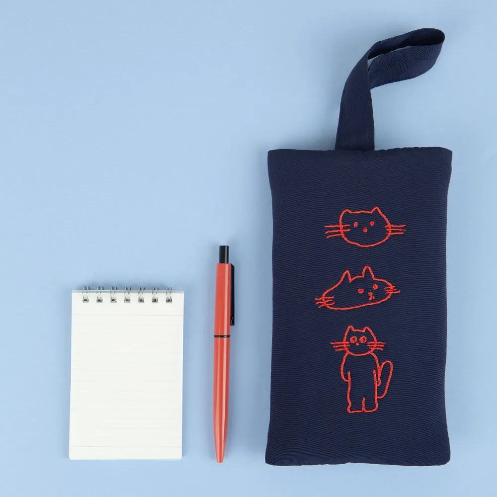 Navy Blue Cats Graphic Embroidery Airy Hand Strap Pouches Slim Pencil Cases Ultra Light Stationery School Office Cosmetics Bags Gifts Bags Purses Students Cute Teens Girls