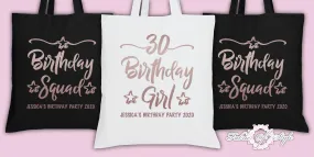 Personalised Birthday Girl Squad 18th 21st Personalised Tote Bags Rose Gold