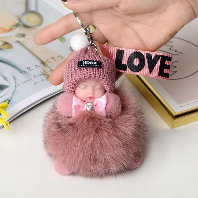 Pompom Sleeping Baby Keychain Cute Fluffy Plush Doll Keychains Women Girl Bags Keyrings Cars Key Ring  Gift Charming  Decoration