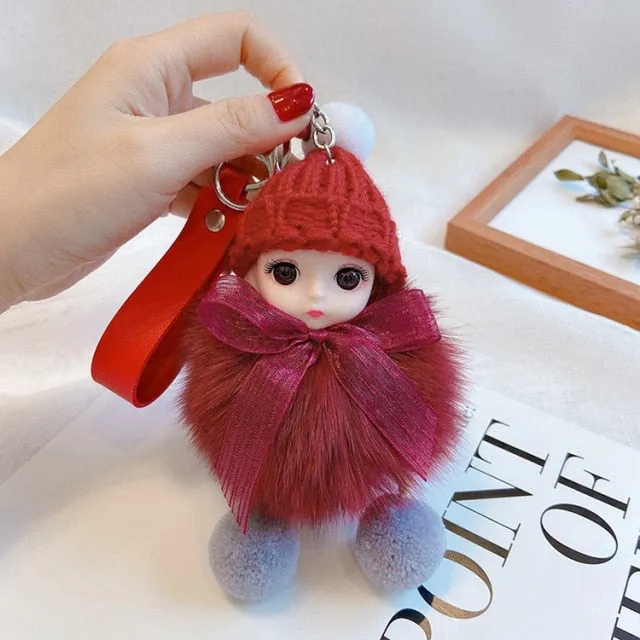 Pompom Sleeping Baby Keychain Cute Fluffy Plush Doll Keychains Women Girl Bags Keyrings Cars Key Ring  Gift Charming  Decoration