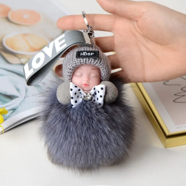 Pompom Sleeping Baby Keychain Cute Fluffy Plush Doll Keychains Women Girl Bags Keyrings Cars Key Ring  Gift Charming  Decoration