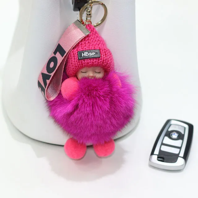 Pompom Sleeping Baby Keychain Cute Fluffy Plush Doll Keychains Women Girl Bags Keyrings Cars Key Ring  Gift Charming  Decoration