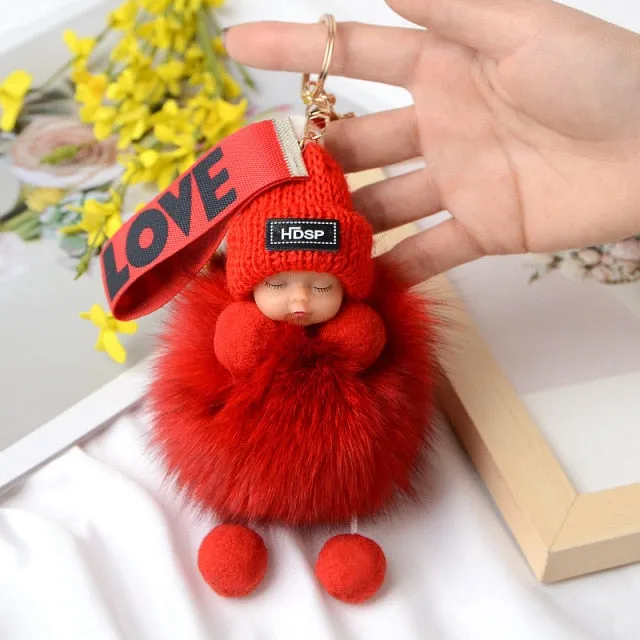 Pompom Sleeping Baby Keychain Cute Fluffy Plush Doll Keychains Women Girl Bags Keyrings Cars Key Ring  Gift Charming  Decoration