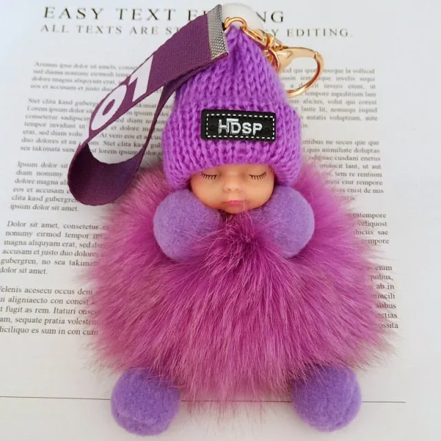 Pompom Sleeping Baby Keychain Cute Fluffy Plush Doll Keychains Women Girl Bags Keyrings Cars Key Ring  Gift Charming  Decoration