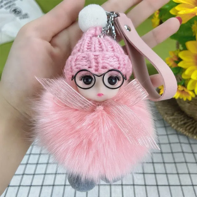 Pompom Sleeping Baby Keychain Cute Fluffy Plush Doll Keychains Women Girl Bags Keyrings Cars Key Ring  Gift Charming  Decoration