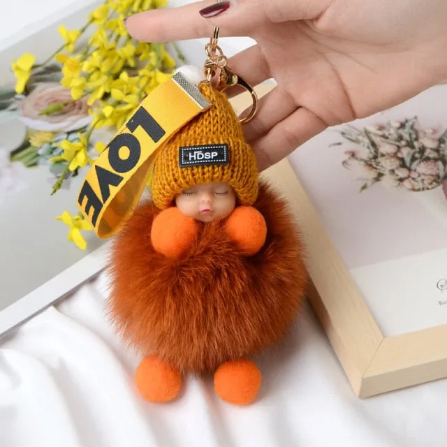 Pompom Sleeping Baby Keychain Cute Fluffy Plush Doll Keychains Women Girl Bags Keyrings Cars Key Ring  Gift Charming  Decoration