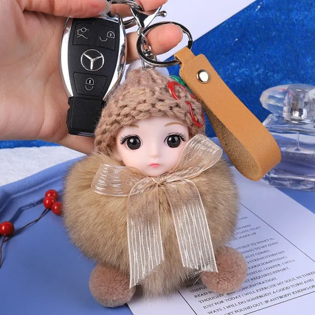 Pompom Sleeping Baby Keychain Cute Fluffy Plush Doll Keychains Women Girl Bags Keyrings Cars Key Ring  Gift Charming  Decoration