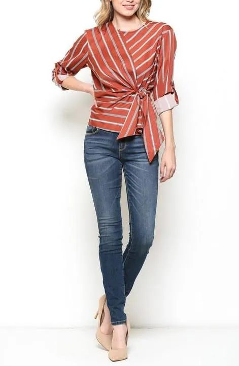 Rust Striped Wrap Blouse