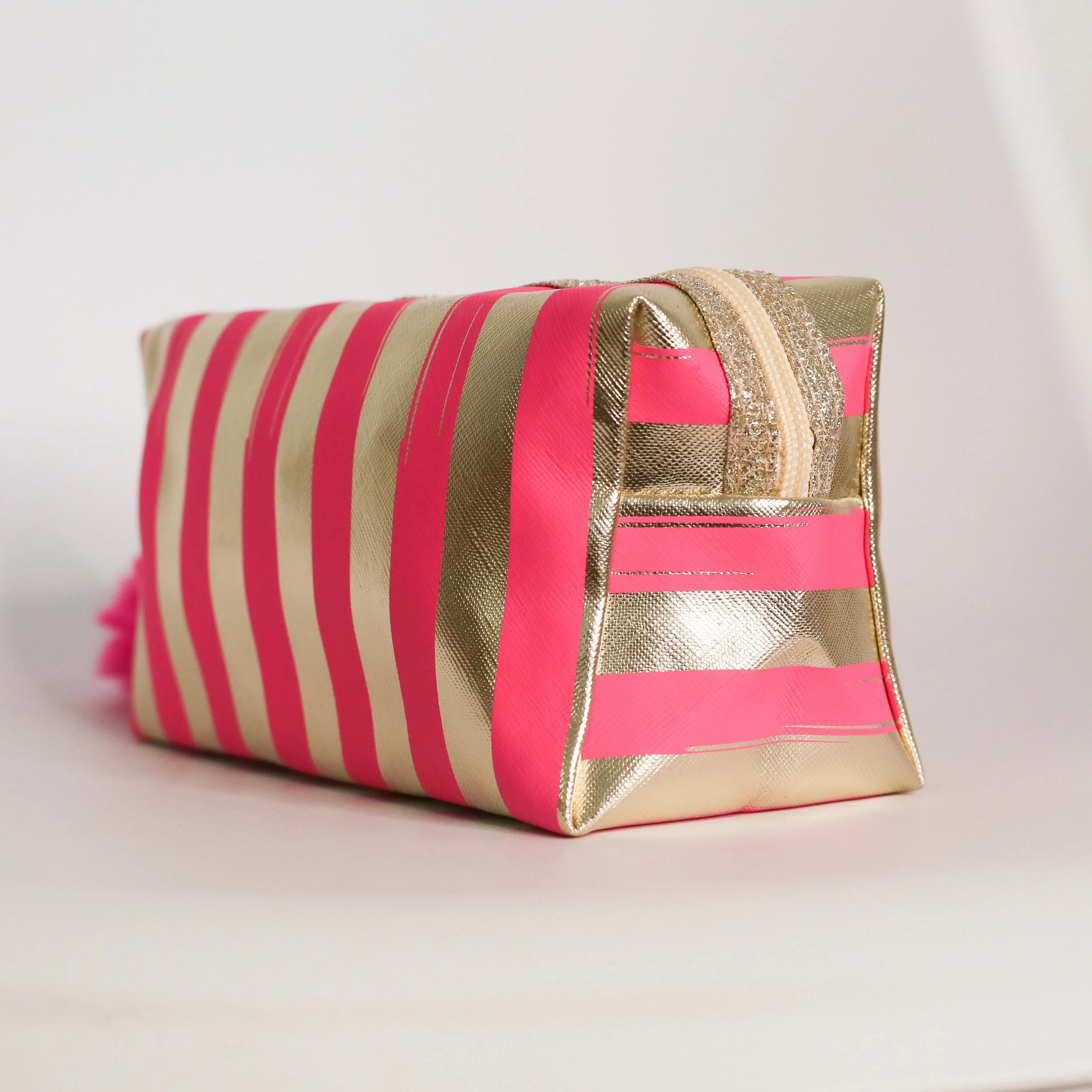 Stripy Make Up Bag - Hot Pink