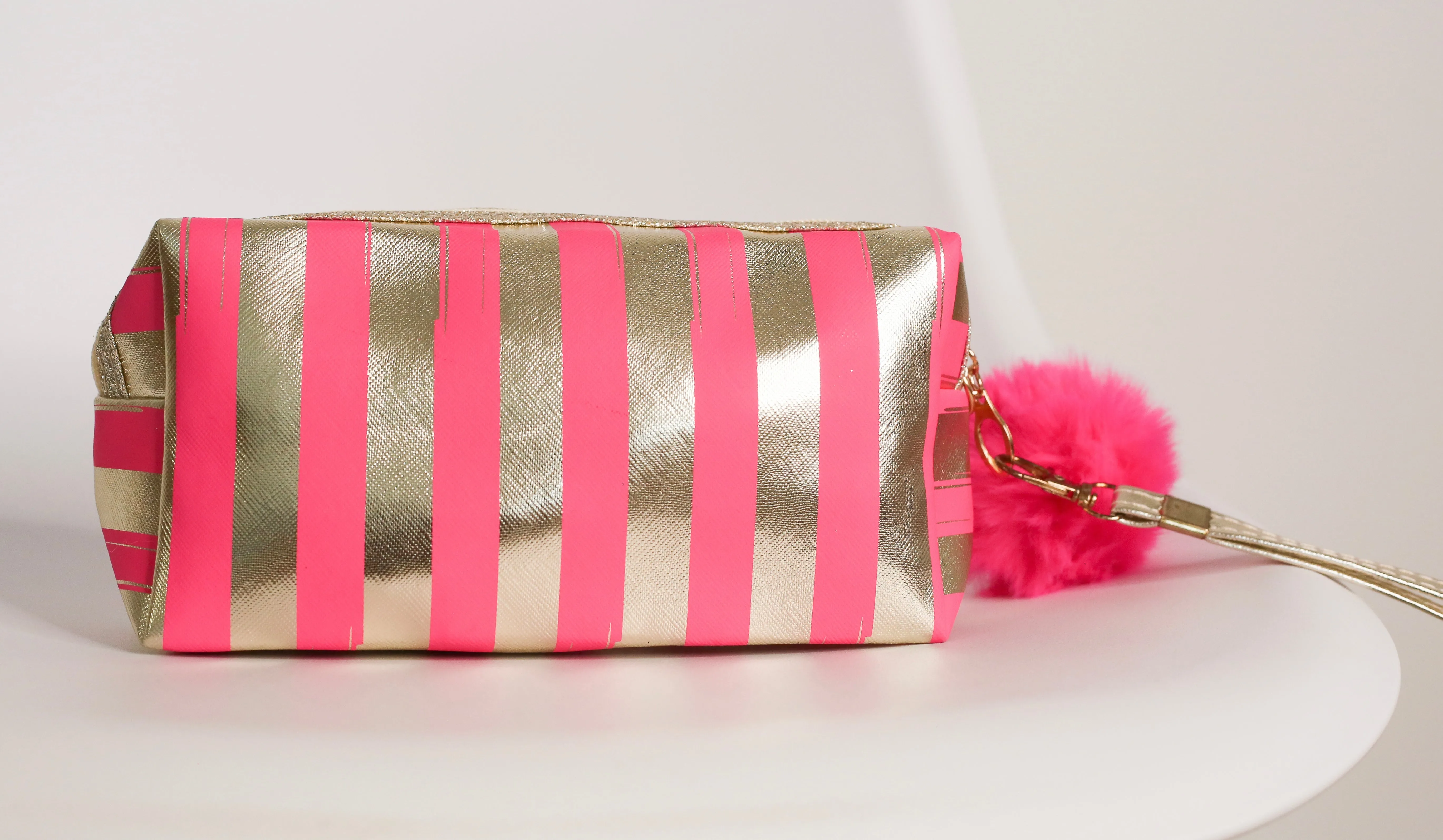 Stripy Make Up Bag - Hot Pink