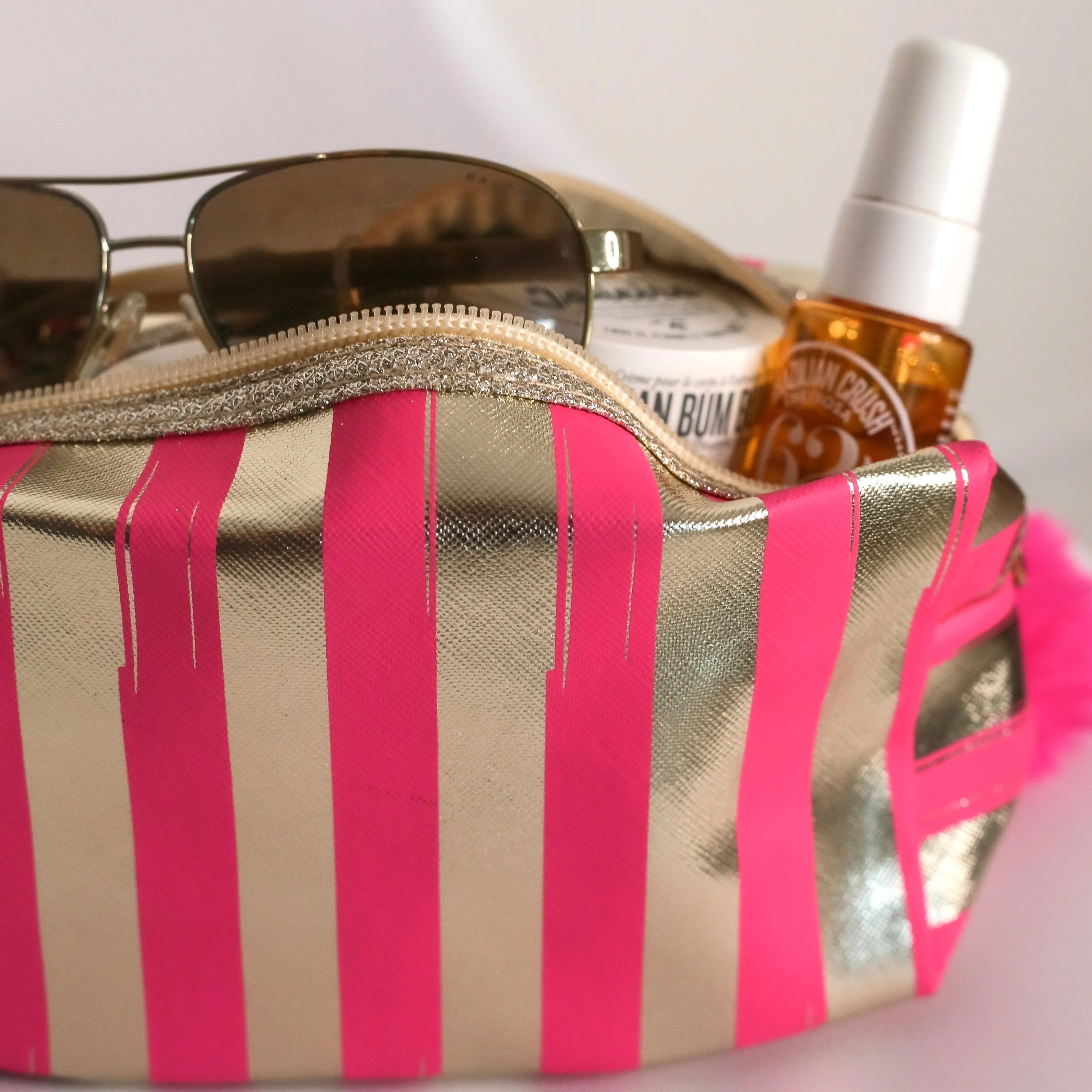 Stripy Make Up Bag - Hot Pink